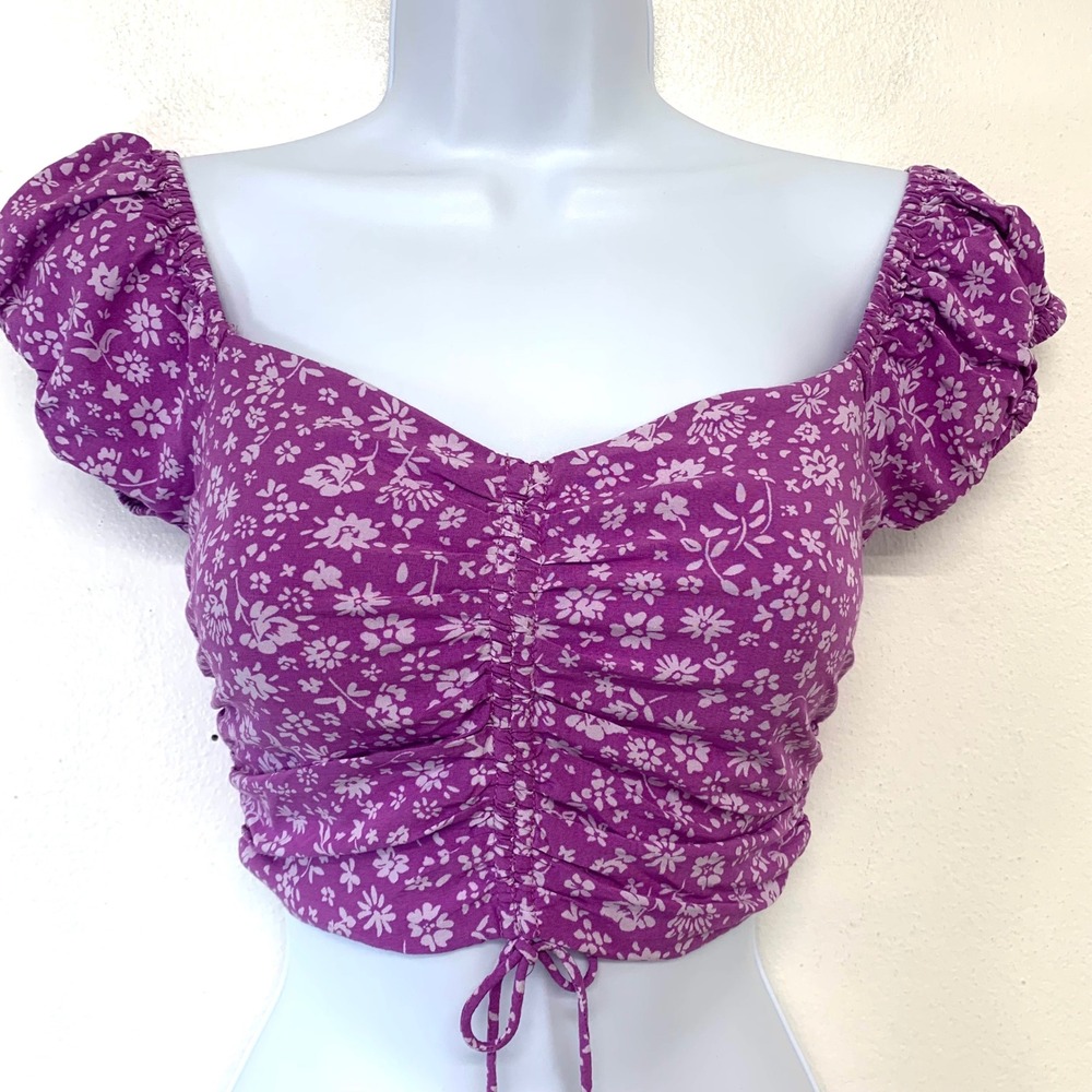 Sky to Moon Purple Floral Ruched Smocked Crop Top Puff Sleeve Small Coquette